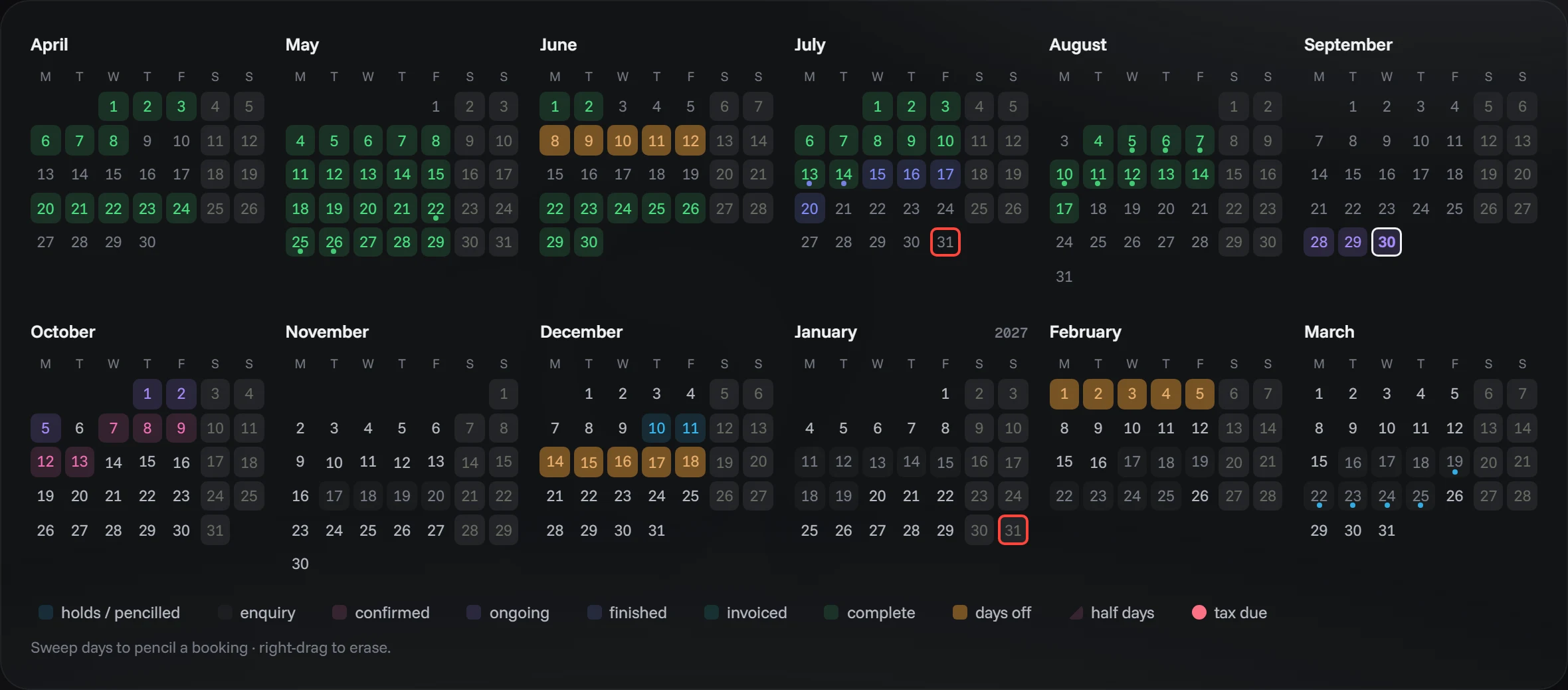 Agenda · Calendario — tema oscuro