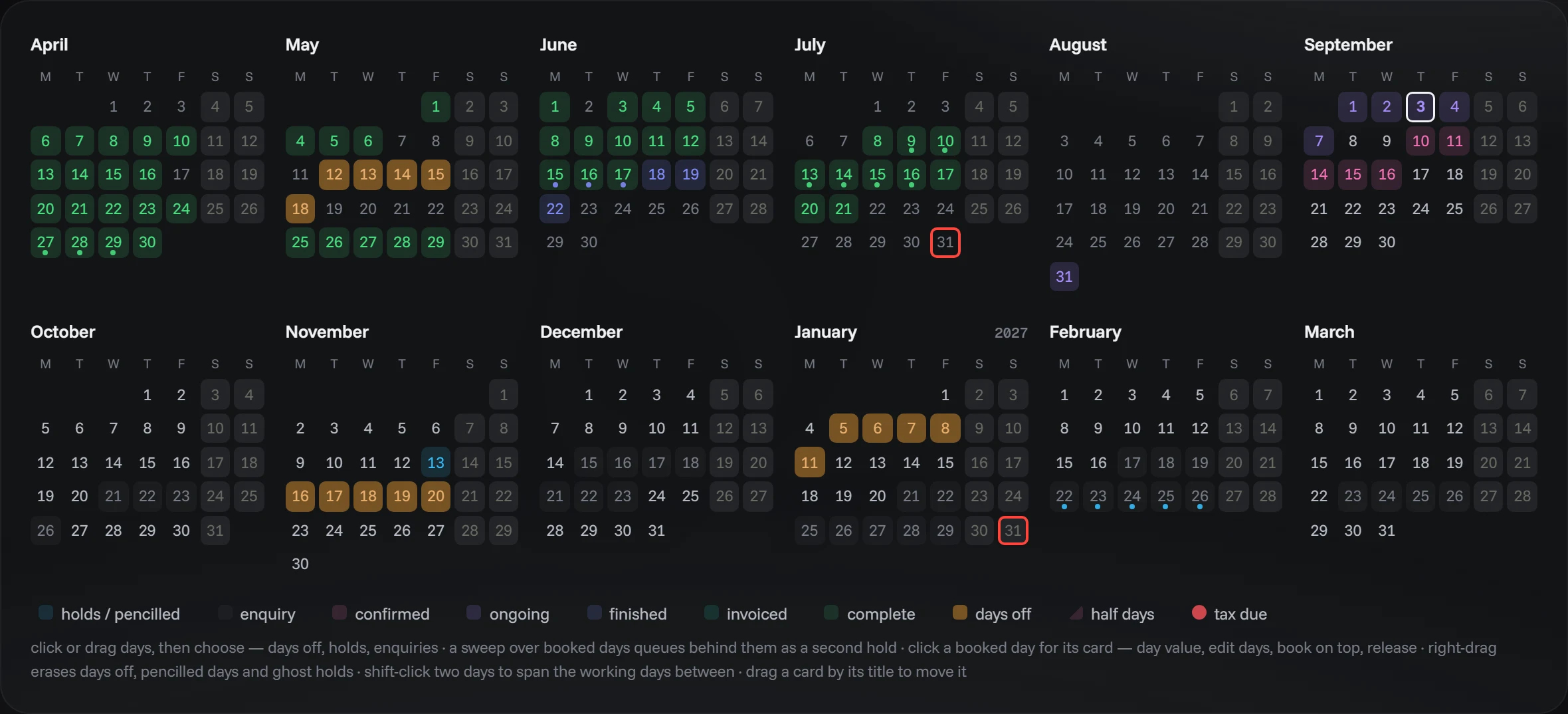 Agenda · Calendario — tema oscuro