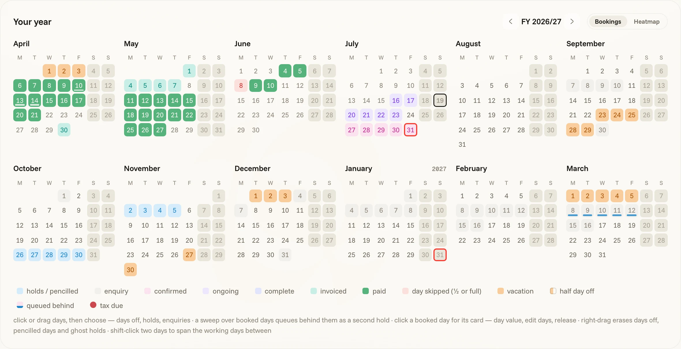 The Bookings calendar — booked days, holds and time off painted across the year
