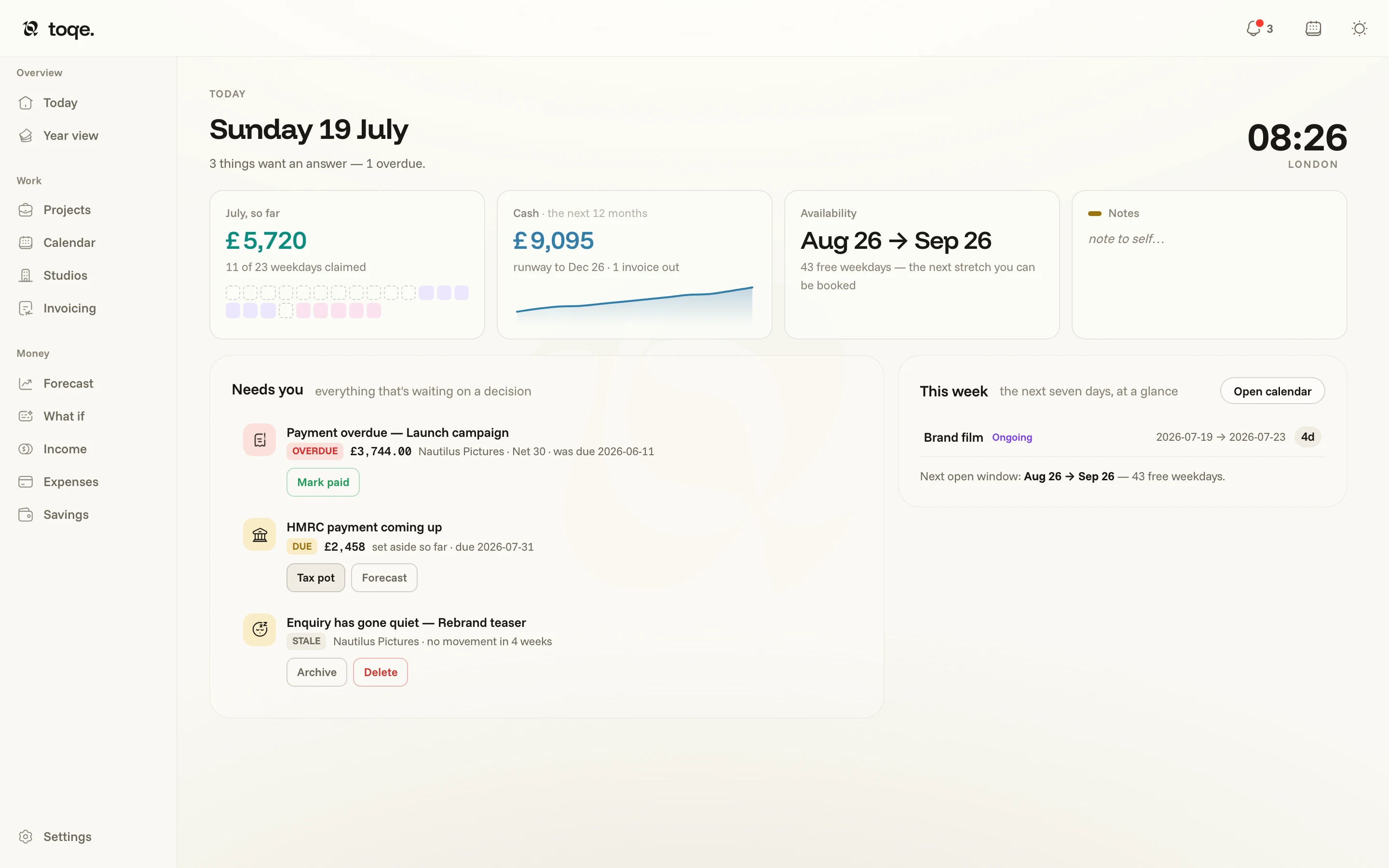 toqe’s Today tab in the Cream theme — the morning briefing with runway, bookings and what needs a decision