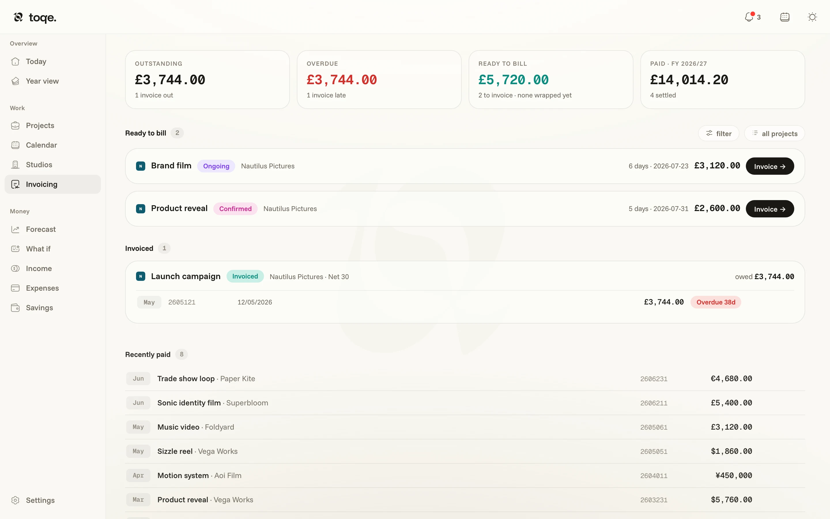 The invoicing ledger — what’s outstanding, what’s overdue, what’s ready to bill