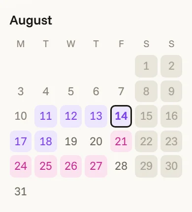 One month of the Bookings calendar — painted days wearing their status colours, weekends quiet, today ringed
