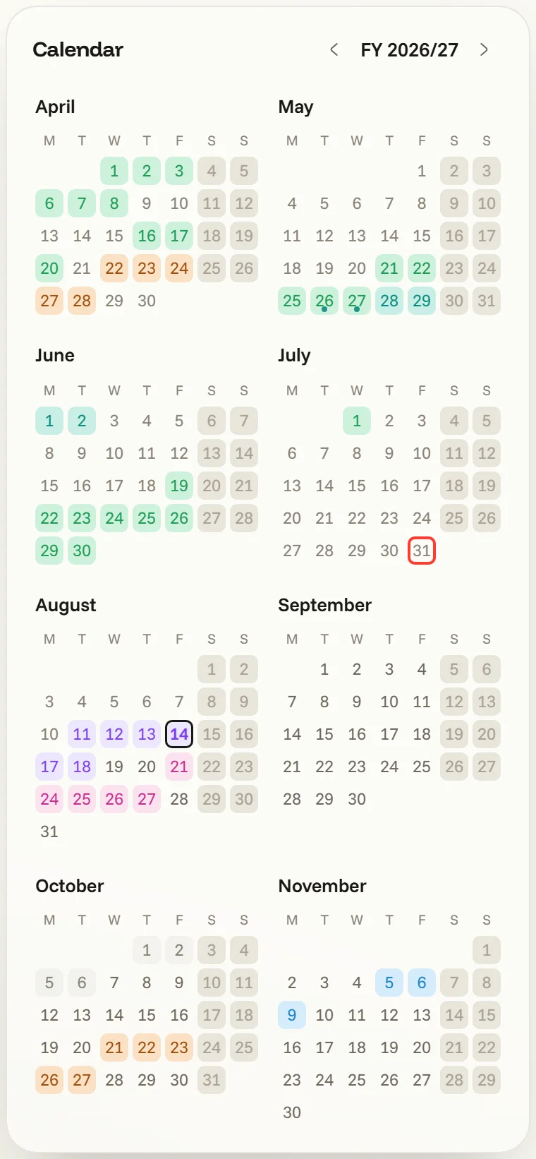 The calendar rail — the year compacted to a column beside another page, bookings in their pipeline colours, days off in amber