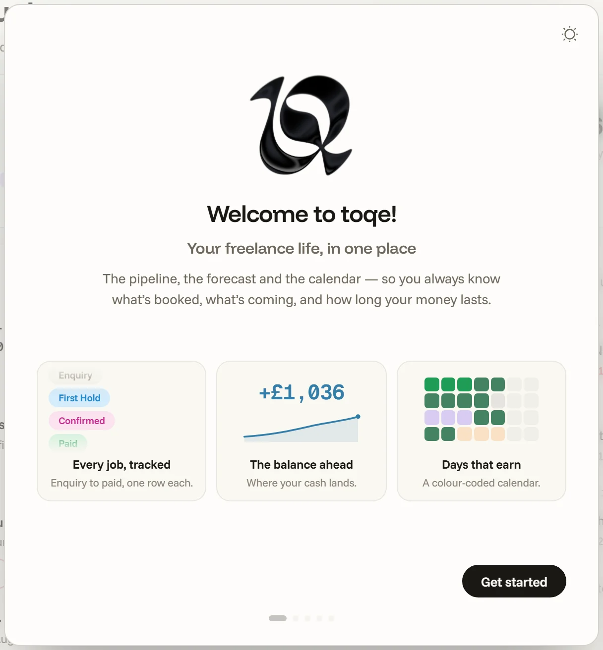 The first screen of the setup wizard — what toqe keeps in one place, and a Get started button