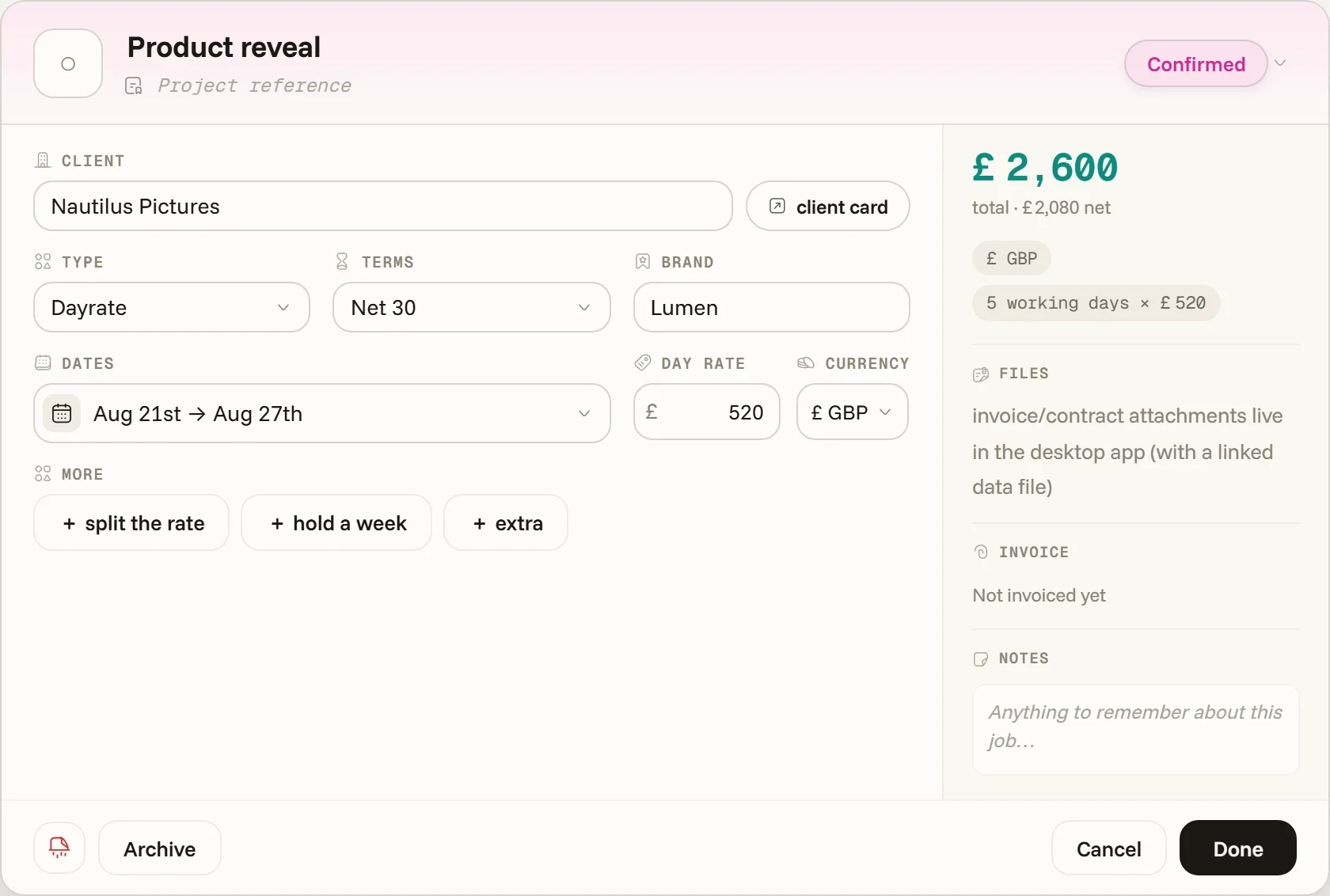 The project card — client, dates, rate, and the fee explained