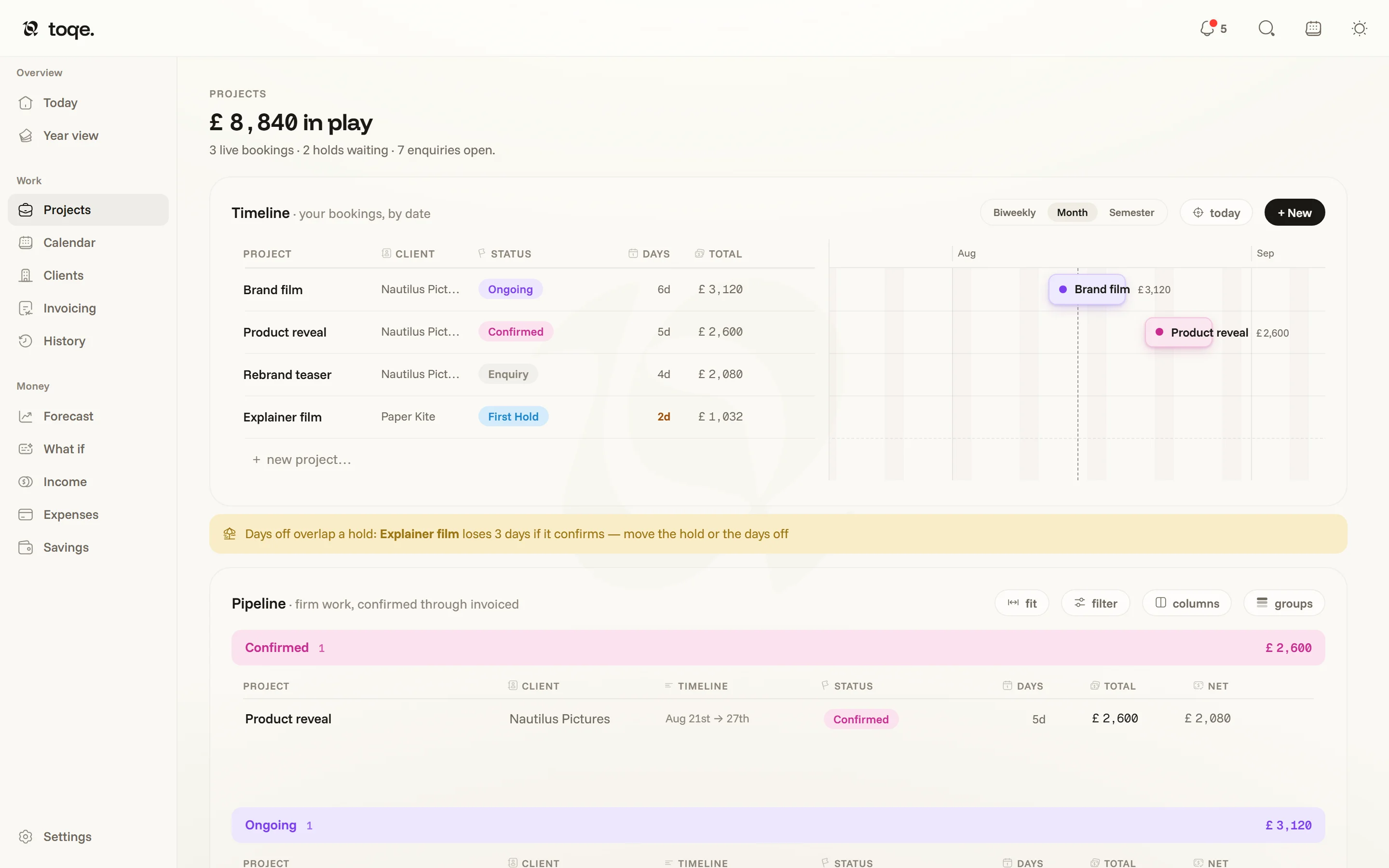 The Projects page — the timeline above, the pipeline bands below, a conflict notice between them
