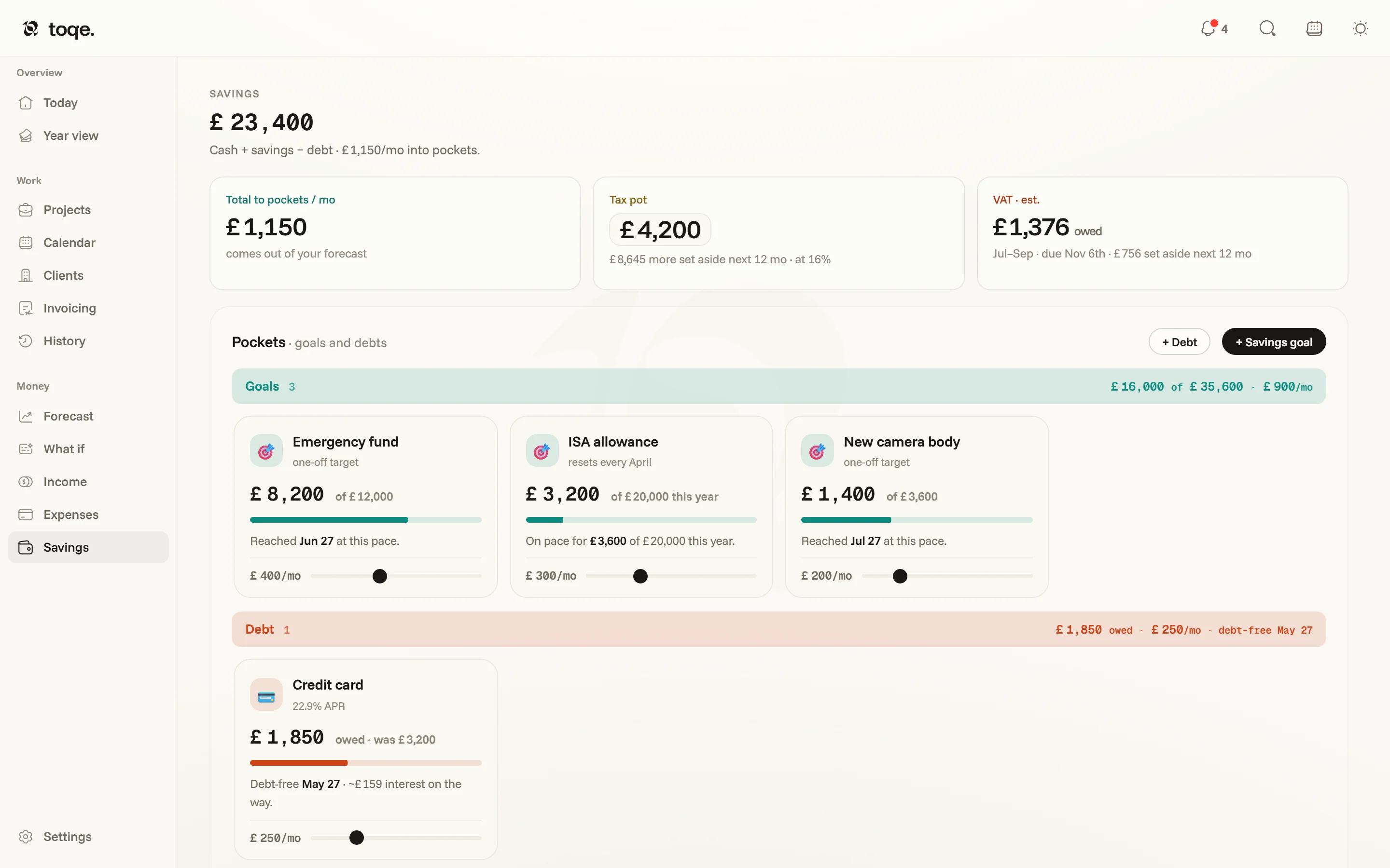 Savings — goals and a debt as pockets, each with its monthly pace
