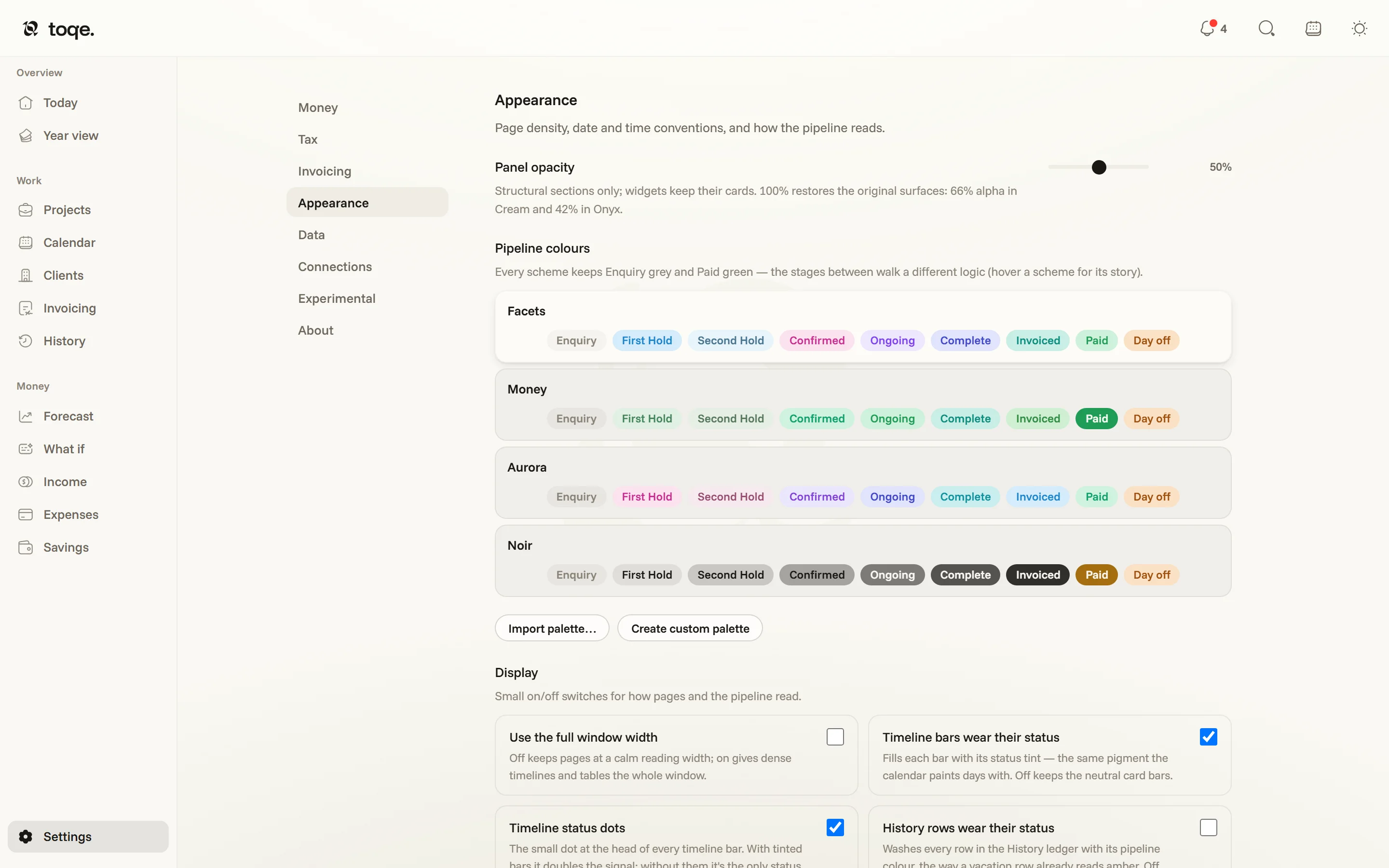 Settings → Appearance — the pipeline colour schemes, with display toggles below