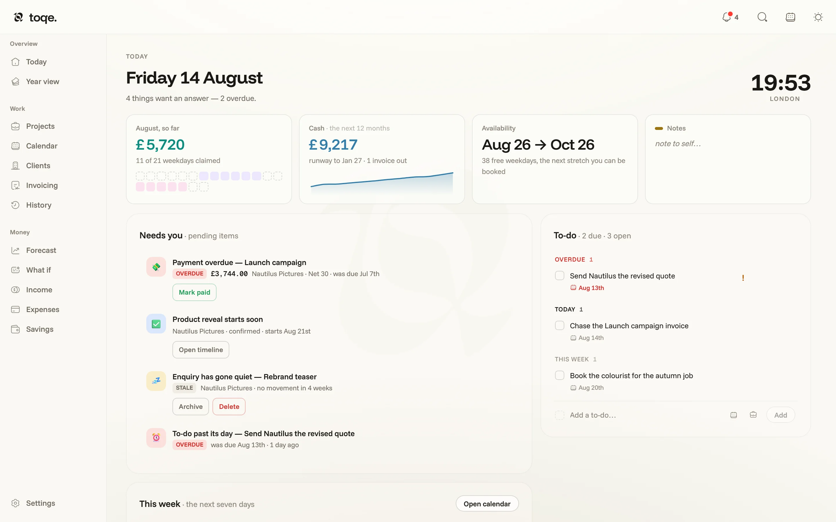 The Today page — date headline, widget row, the Needs-you list and the to-do list